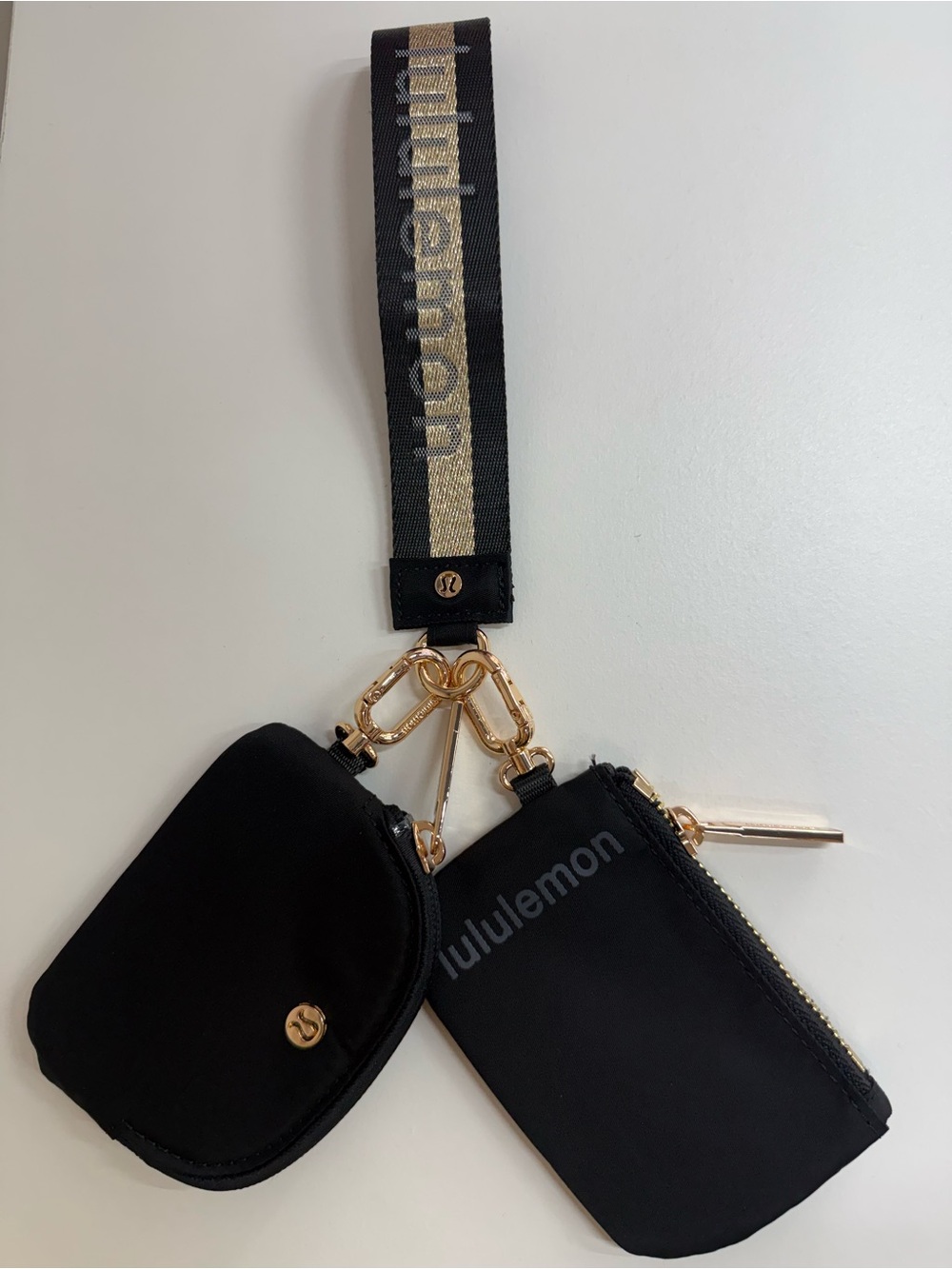 lululemon Black Double Pouch Wristlet with Gold Hardware